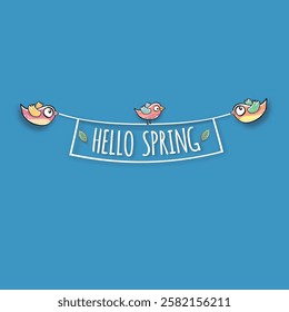 Hello spring label with spring birds and flowers on blue spring sky background. Hello spring simple clip art cut paper style illustration design template