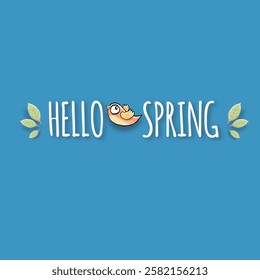 Hello spring label with spring birds and flowers on blue spring sky background. Hello spring simple clip art cut paper style illustration design template