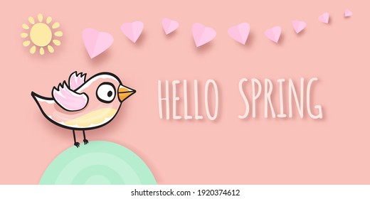 Hello spring label with spring birds on a soft pastel pink background. Hello spring simple cut paper style illustration design template