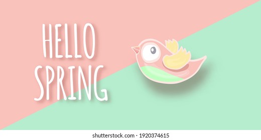 Hello spring label with spring birds on a soft pastel pink background. Hello spring simple cut paper style illustration design template