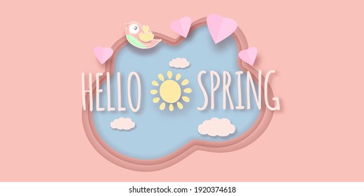 Hello spring label with spring birds on a soft pastel pink background. Hello spring simple cut paper style illustration design template