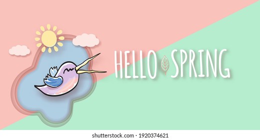 Hola etiqueta primavera con aves primaverales sobre un suave fondo rosa pastel. Plantilla de diseño de ilustraciones de estilo de papel de corte simple de primavera