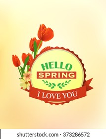 hello spring label with a bouquet of flowers on a blurred background