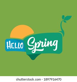 hello spring label with ribbon isolated on a green background. Hello spring green icon design template with growing leaf