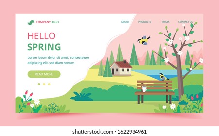 Hello spring landing page design template. Landscape with bench, houses, fields and nature. Cute vector illustration in flat style