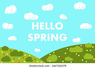 hello spring landscape background field clouds vector illustration