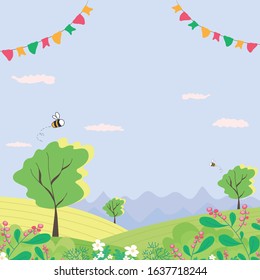 Hello spring, landscape with bee, mounties, trees, flowers, fields and nature. Decorative garlands. Cute vector illustration in flat style