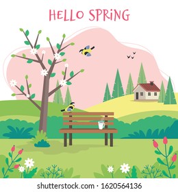 Hello spring, landscape with bench, flourishing tree, house, fields and nature. Cute vector illustration in flat style