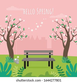 Hello spring, landscape with bench, flourishing tree, city and nature. Cute vector illustration in flat style
