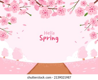 Hello spring! A landscape of cherry blossoms. A vector illustration of a pink background full of cherry blossom petals.