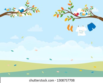 Hello Spring landscape with cute family bird, kid clothes hanging on the branches tree on blue sky background,Vector Banner backdrop of green grass field in Sunny day Summer, Easter holiday concept