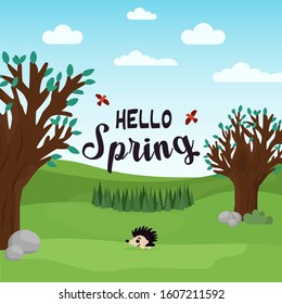 Hello spring. Spring landscape. Cute vector illustration with hedgehog, trees, birds on blue sky and green grass