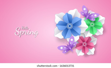 Hello Spring landscape with flower and butterfly paper cut art style in pink background. perfect for invitation, greeting, celebration card vector illustration