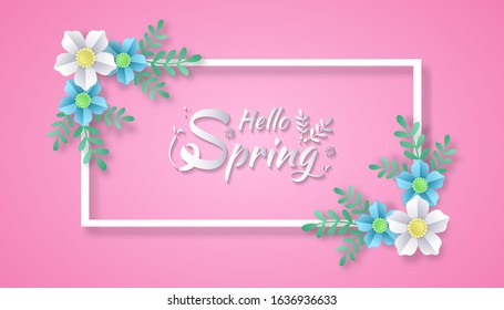 Hello Spring landscape with flower and leaves paper cut art style in pink background. perfect for invitation, greeting, celebration card vector illustration. eps10