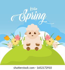 Adiós paisaje de primavera con una pequeña oveja - Vector