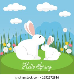 Hello spring landscape with a rabbits - Vector