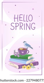 Hello spring. Layout design for bookstore, library. Books with spring flowers. Vector illustration