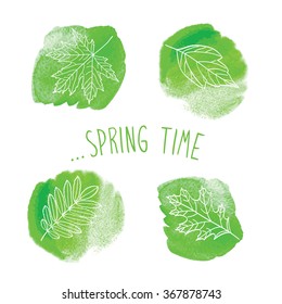 Hello spring! Leaves of trees on a green watercolor background. Sketch, design elements. Vector illustration.