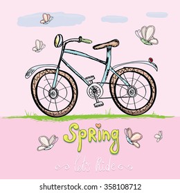 Hello spring - Let's ride concept design. Hand drawn vector  vintage bicycle. doodle vintage bike