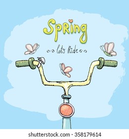 Hello spring - Let's ride concept design. Hand drawn vector vintage bicycle. doodle vintage bike