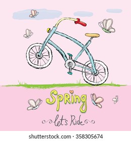 Hello spring - Let's ride concept design. Hand drawn vector vintage bicycle. doodle vintage bike