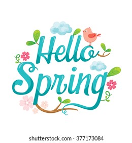 Hello Spring Letter Decorating With Animal, Leaf And Flower, Season, Lettering, Nature