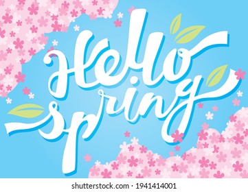 Hello spring letter design with sky-blue background and sakura blossom.