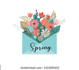 Hello spring, letter envelope with flower bouquet