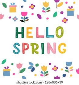 Hello spring letterig for greetings with cute backgroud. Script hand writing, colourfull vector template for flyer, banner, kids poster or DIY project.
