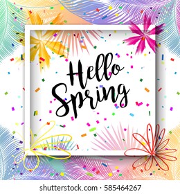 Hello Spring lettering abstract background. Vector illustration