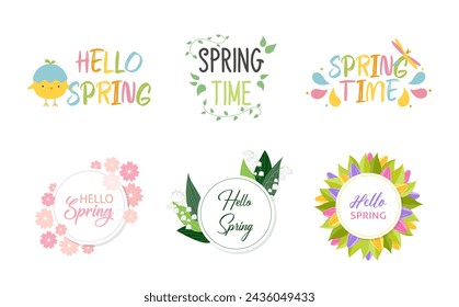 Hello Spring lettering badges. Spring season. Set of hand sketched spring season vector flowers, leaves, branches. Hand written lettering words and phrases hello spring, welcome, springtime