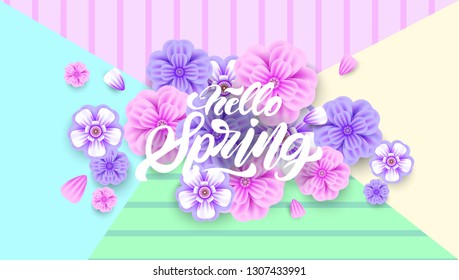 Hello Spring lettering banner with flowers in realistic style on creative background. Invitation, posters, brochure, voucher discount. Vector illustration design