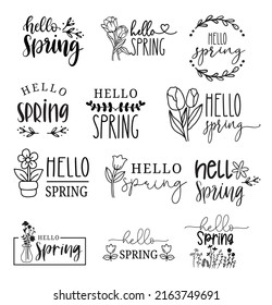 Hello spring lettering big set with flower, hand drawn, doodle,clipart.vector illustration