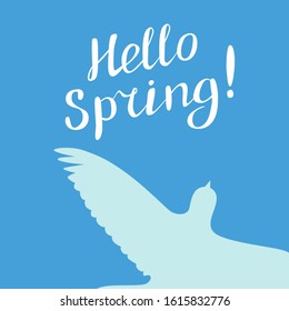 Hello spring! lettering and birds. Handwritten vector Illustration.