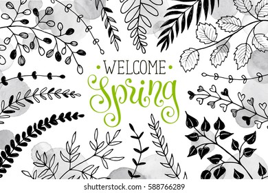 Hello spring lettering with branches and whatercolor spots on white background. Welcome spring wording. Modern calligraphy for greeting card design. 
