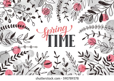 Hello spring lettering with branches and whatercolor spots on white background. Spring time wording. Modern calligraphy for greeting card design. 