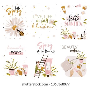 Hello spring lettering. Camomile, bee, flower, cosmetic, girl, plant. Typographic design. Vector illustration.