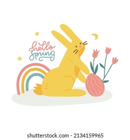 Hello Spring lettering card with bunny, raibow, flowers and egg. Cute flat hand drawn rabbit character for greeting card or holiday print. Spring floral vector compositions.