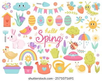 Hello spring, lettering and cartoon set of spring and holiday easter, cute butterflies, flowers, bunny, bird, easter eggs and plants. Hand drawn cartoon collection of different elements.