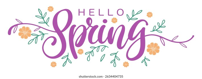 Hello Spring lettering and colorful flowers. Flat style vector illustration. Vector eps