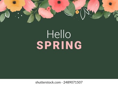 Hello Spring lettering and colorful watercolor flowers