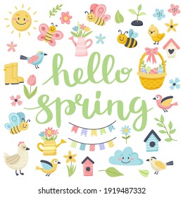 Hello spring lettering with cute birds, bees, flowers, butterflies. Hand drawn flat cartoon elements. Vector illustration