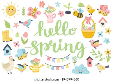 Hello spring lettering with cute birds, bees, flowers, butterflies. Hand drawn flat cartoon elements. Vector illustration