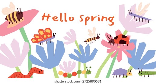 Hola letras de primavera, lindos insectos de dibujos animados infantiles en flores florales, abeja y mariquita, mariposa y libélula, oruga en pétalos. Ilustración infantil de Vector plano 