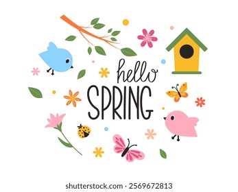 Hello Spring lettering. Cute set of elements with birds, flowers, insects, leaves, birdhouse. Vector illustration for banner, card, flyer, invitation.