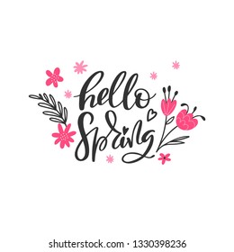 Hello spring lettering decorated with flowers isolated on white background. Vector illustration.