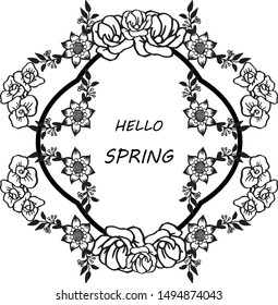 Hello spring lettering, with decorative of leaf floral frames. Vector
