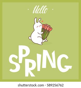 Hello Spring Lettering Design. Spring card or poster template. Romantic rabbit with Tulips. Vector.