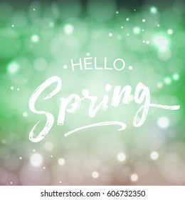 Hello Spring lettering design element. Housewarming hand written quote. Special springtime sale typography poster in green fresh colors. Vector illustration