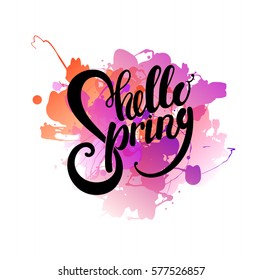 Hello spring lettering design greeting card template. Lettering design for posters, t-shirts, cards, invitations, stickers, banners, advertisement, social media content. Hello spring vector.